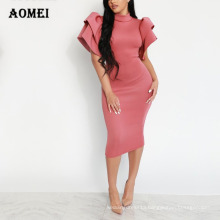 Clearance Style Summer Elegant Turtleneck Sweet Short Sleeve Pink Office Dresses